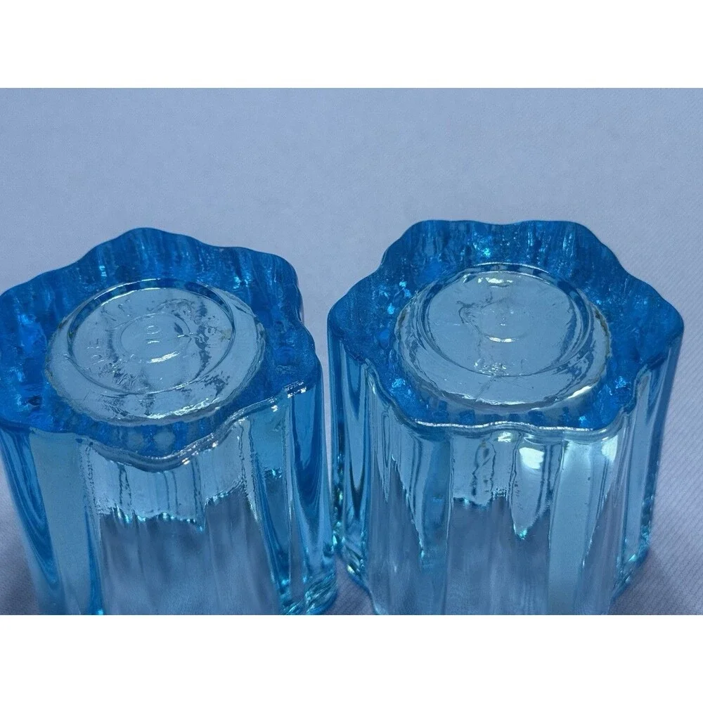 Set Of 2 Blue Glass Votives, Hexagon Shape, Made In USA 2.5x2.5